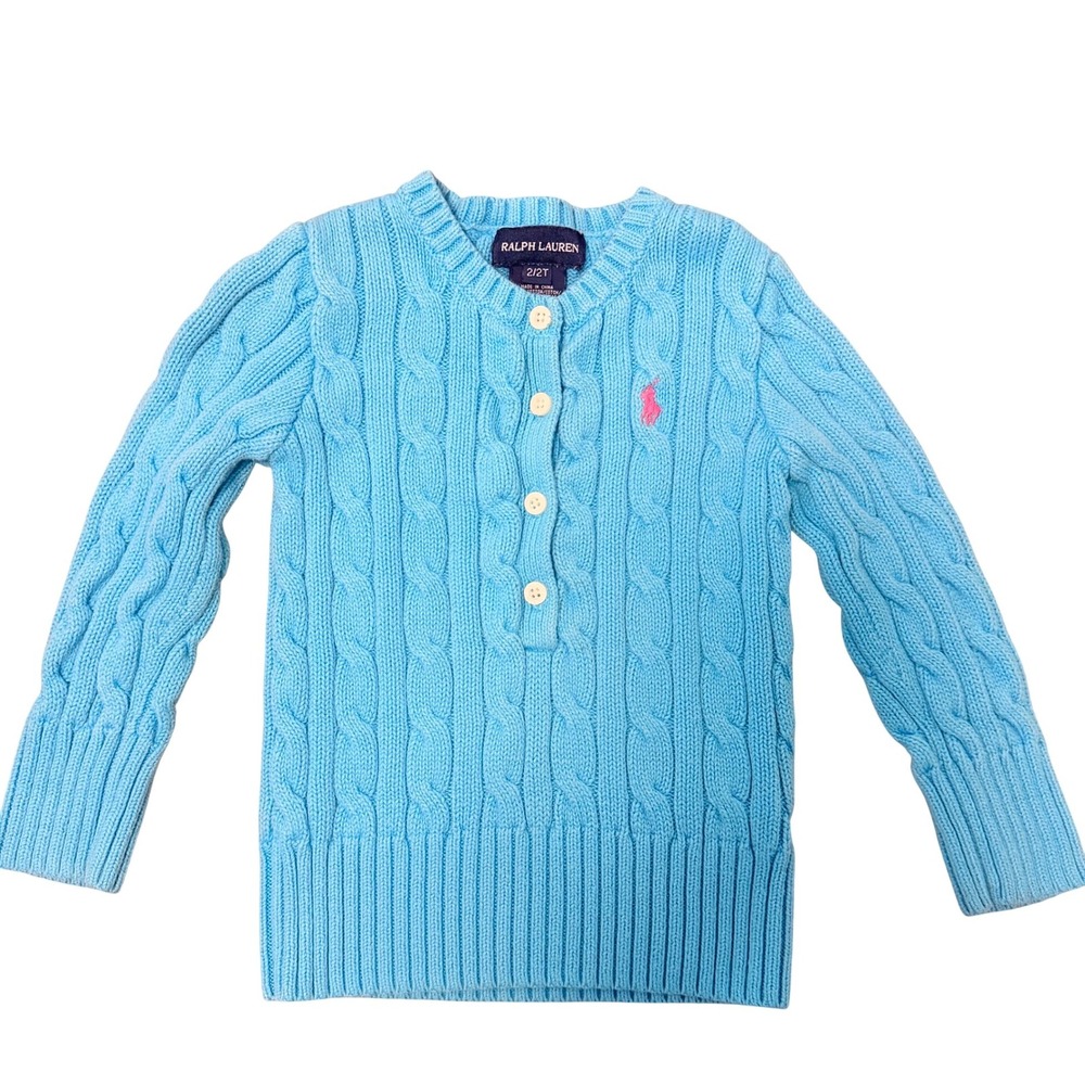 Girls VTG Ralph Lauren Blue Cable Knit Sweater Pink Pony Logo Cotton SZ 2T